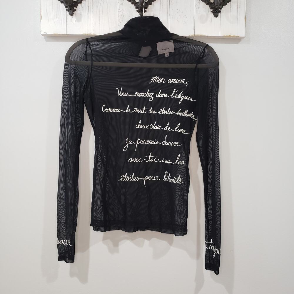 Sheer Black Long Sleeve Mesh Top with Script Detail
